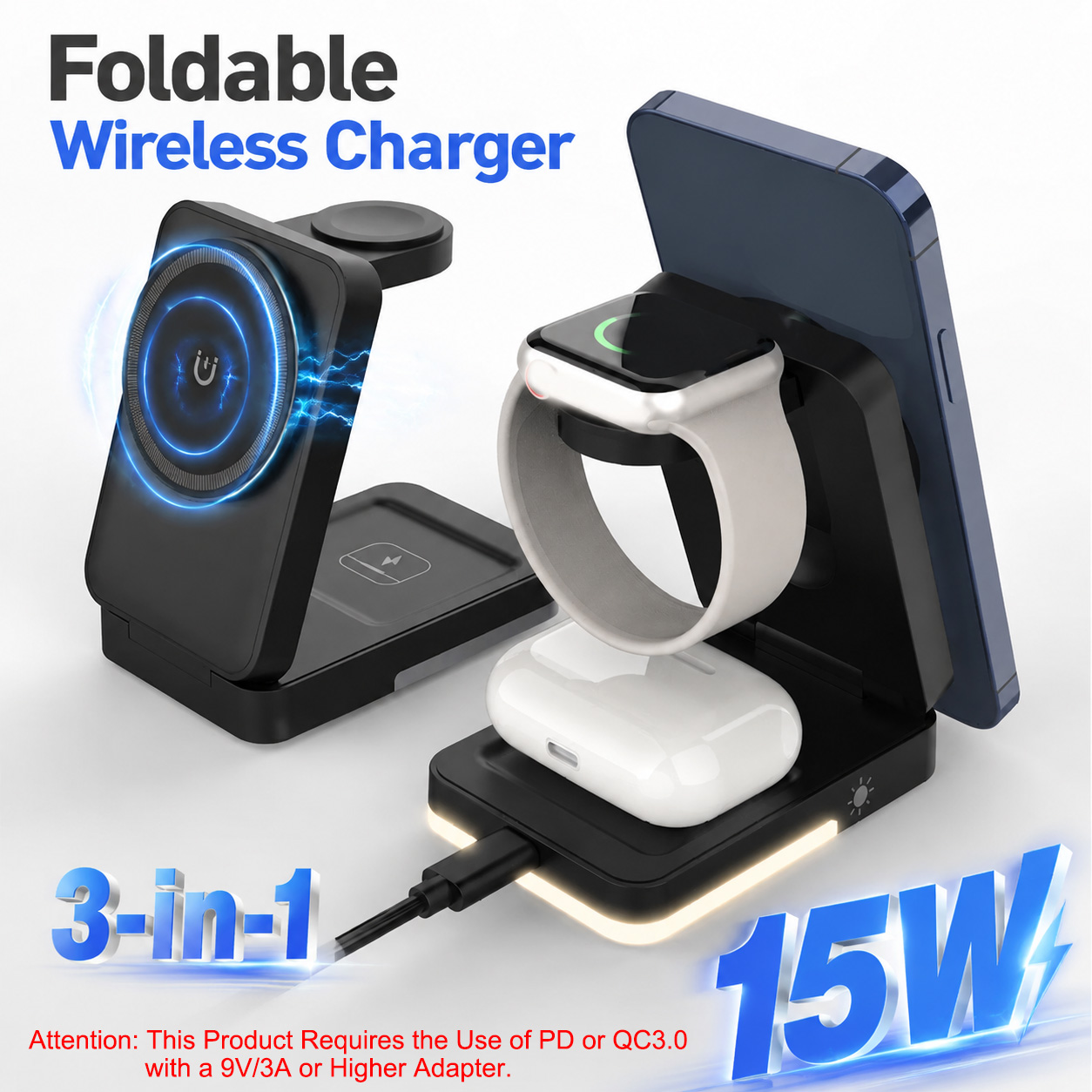 3-in-1 접이식 무선 충전기 15W 자기 유도 충전 - Usb C Earphone 리뷰 및 가격