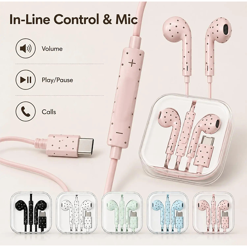 폴카 도트 스타 패턴의 인이어 이어폰, 타입-C 유선  - Wired Earphone Mic 리뷰 및 가격